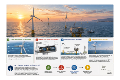 Production d'éléctricité dans un parc à éoliennes en mer (offshore)